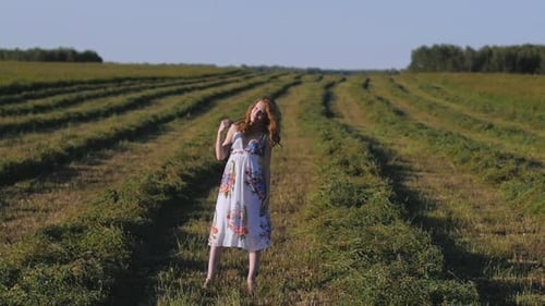 Portrait of a Young Attractive Woman with Red Hair and a Blue Dress in a Field of Sunflowers at