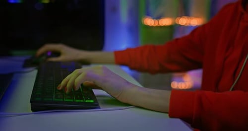 Closeup Female Hands Press the Keys on the Keyboard and Move the Computer Mouse