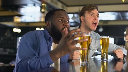 Sad Male Fans Watching Match in Bar, Supporting National Team, Entertainment
