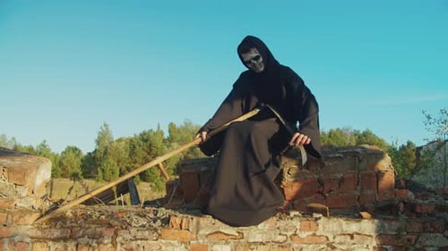 Grim Reaper Sitting on Ruins with Scythe