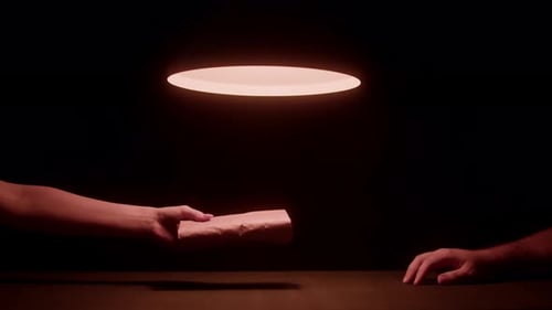 Package Hand-Off in Darkened Room, Suspenseful Exchange