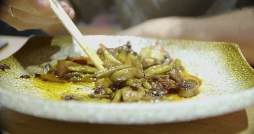 Handmade Ceramic Plate with Vegetables and Meat in Sweet and Sour Sauce