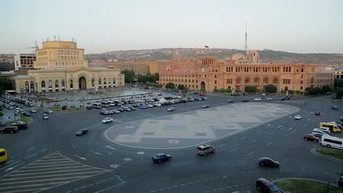 Active Traffic On Republic Square, History Museum In Yerevan City, Timelapse