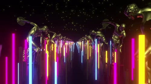 Golden Discus Throwers with Neon Glowing Bars in Abstract Tunnel Loop