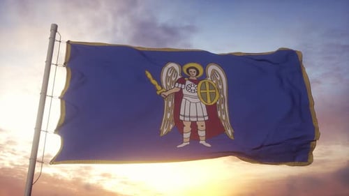 Blue Religious Flag with Angel Waving at Golden Sunset