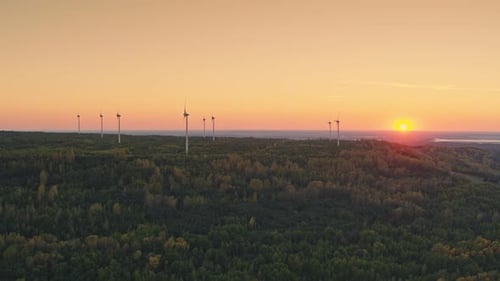Wind Turbines in Forest at Sunset, Aerial View
