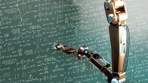 Futuristic robot writing on the green board complicated mathematical formulas.