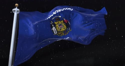 Realistic Wisconsin State Flag Waving in Rainy Night