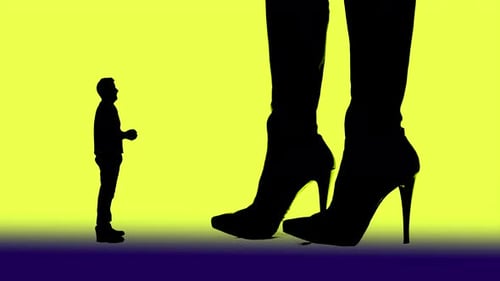 Woman and high-heeled boots dominate a pleading man and kick him dan with the shoe tip away.