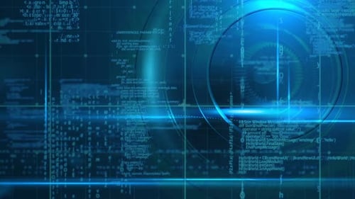 Animation of camera lens and computer code against black background