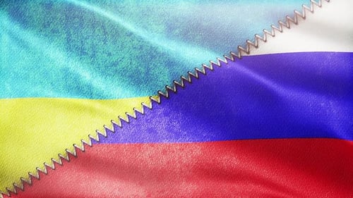 Ukraine and Russia Flags Stitched in Conflict