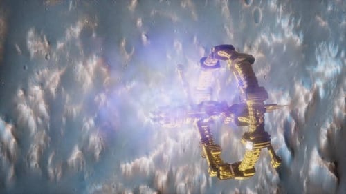 Rotating Futuristic Space Station Orbiting Cratered Celestial Body