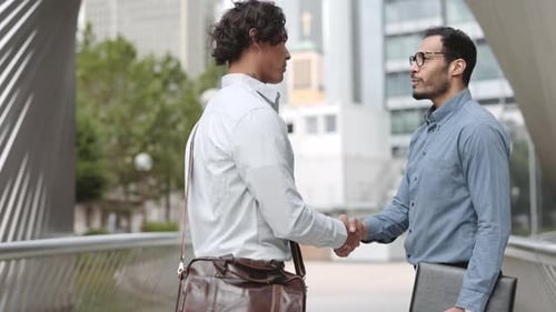 Business Colleagues Shaking Hands and Talking on Street
