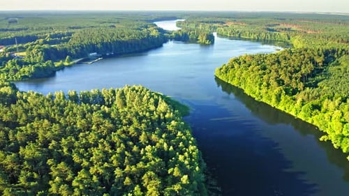Flying above blue river and green forests, Poland