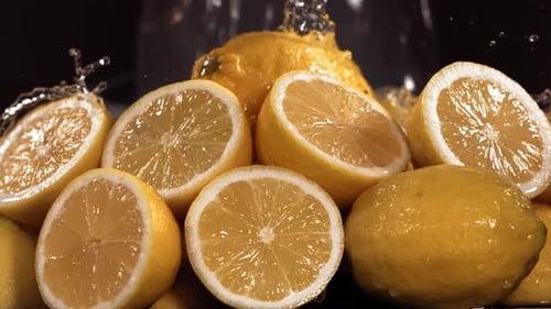 Splashing Water on Fresh Yellow Lemons
