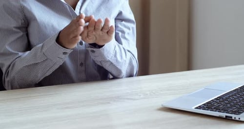 Close Up Female Hands of African American Woman with Dark Skin, Girl Office Worker Treats Palms with