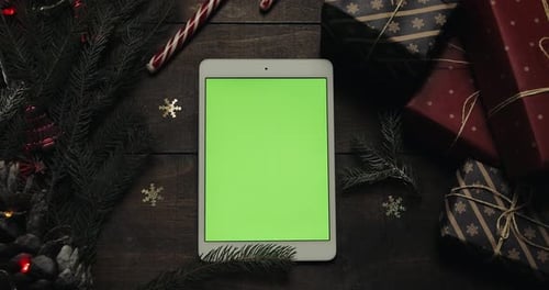 Hands Santa Claus Tapping Pages White Tablet Computer Green Screen