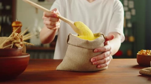 Scooping Cornmeal from Burlap Sack with Wooden Spoon