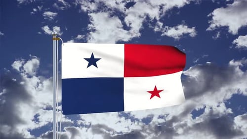 Panama Flag Waving in Realistic Blue Sky with Clouds