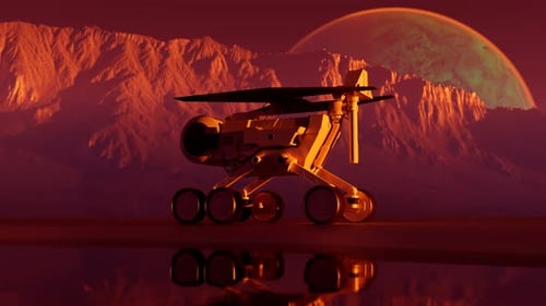 Planetarischer Rover auf dem Mars durch eine wunderschöne Berglandschaft. Erkundung
