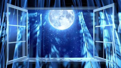 Animated Window View of Glowing Full Moon and Twinkling Stars at Night
