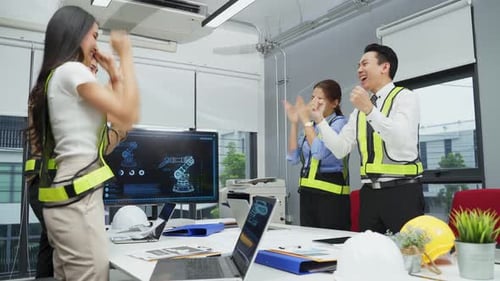 Business working people in office meeting room feeling happy of achievements after succeed result.