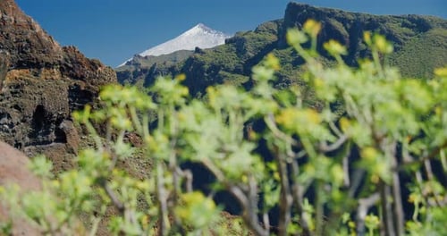 Spectacular Cinematic View on Snowy Peak of Volcano Teide From Masca Gorge Tenerife Canary Islands