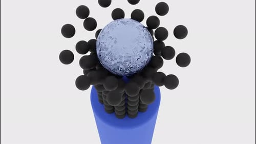 Grande bola caindo e quebrando pequenas esferas que estão sobre um pilar colorido