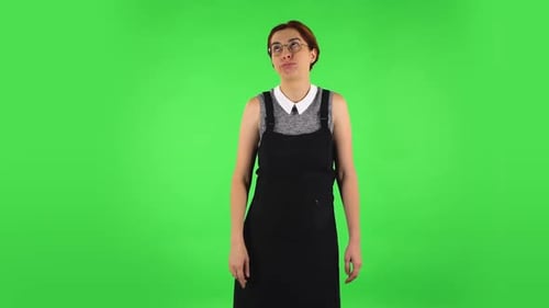 Funny Girl in Round Glasses Is Pointing Herself, Say Who Me No Thanks i Do Not Need. Green Screen