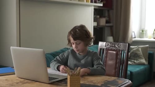 Child Boy at Online School Learning Writing in Notebook Using Laptop Spbd