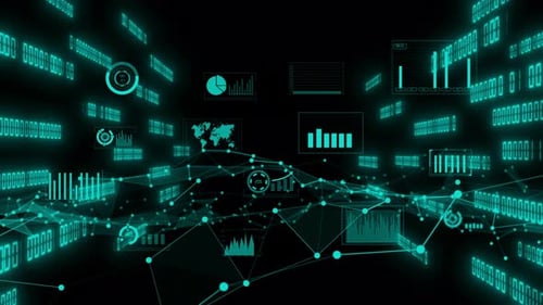 Futuristic Digital Data Network with Animated HUD Elements