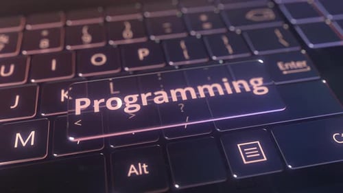 Teclado de computadora futurista y placa de programación transparente