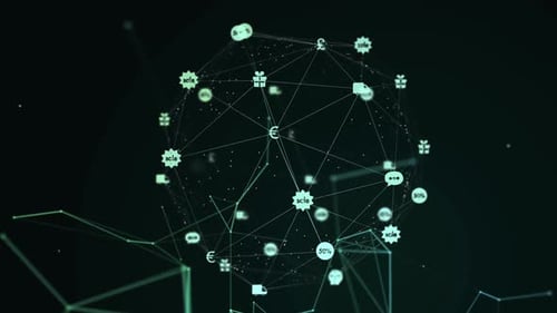Animation of digital interface and network connections with green financial and currency icons