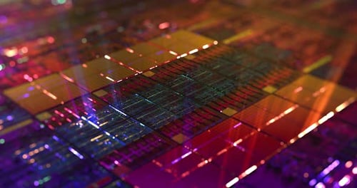 Futuristic Microchip Grid with Glowing Data Flow Animation