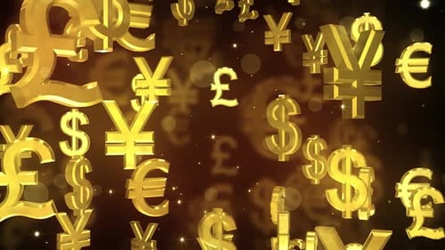 Golden Currency Symbols Floating and Rotating for Financial Backgrounds