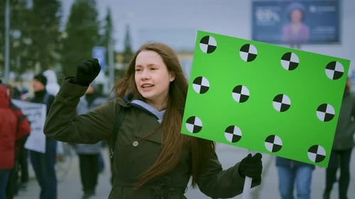 Woman Against Crowd People. Shout and Wave Hand. Activist Street City Square.
