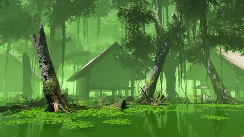 Animated Swamp Background with Misty Forest and Green Water