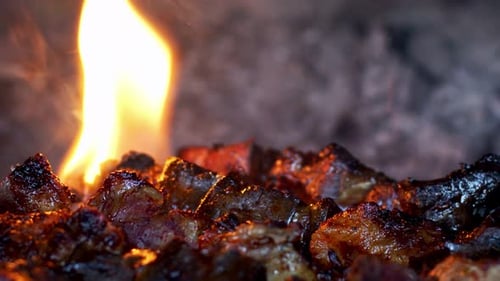 Delicious Meat Chunks on Grill with Fire