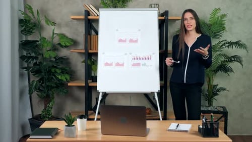 Brunette Woman Presenting Business Data Using Whiteboard