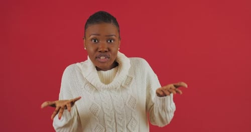 Studio Portrait Angry Vexed African American Girl Woman Indignant Screams Actively Waving Hands