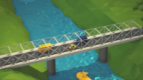 Aerial view of the low poly cityscape. The taxi car in driving to the town.