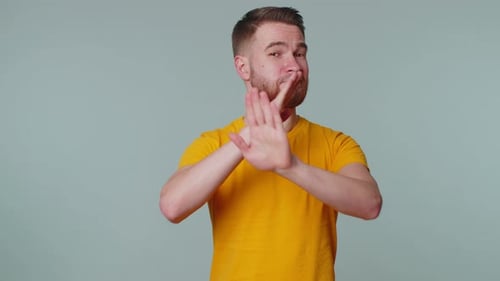 Man Say No Hold Palm Folded Crossed Hands in Stop Gesture Warning of Finish Prohibited Access