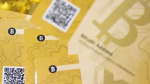 Bitcoins Banknotes with Scratch Code Fall Down