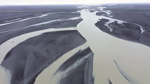 Aerial Drone View of Glacial River System of Iceland. Global Warming Concept