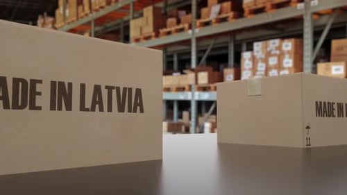 Cartons with MADE IN LATVIA Text on Conveyor