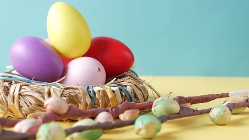 Decorated Easter Eggs in Colorful Holiday Still Life