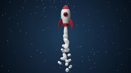 Stylized Cartoon Rocket Launching into Starry Space
