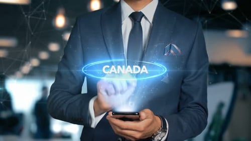 Businessman Smartphone Hologram Word Country Capital Canada