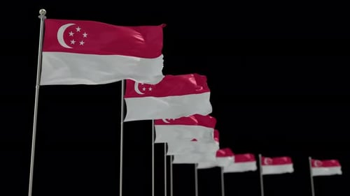 Waving Singapore Flags on Black Background