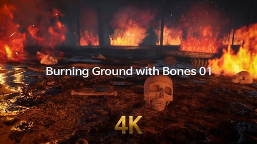 Burning Post-Apocalyptic Landscape with Skulls and Bones